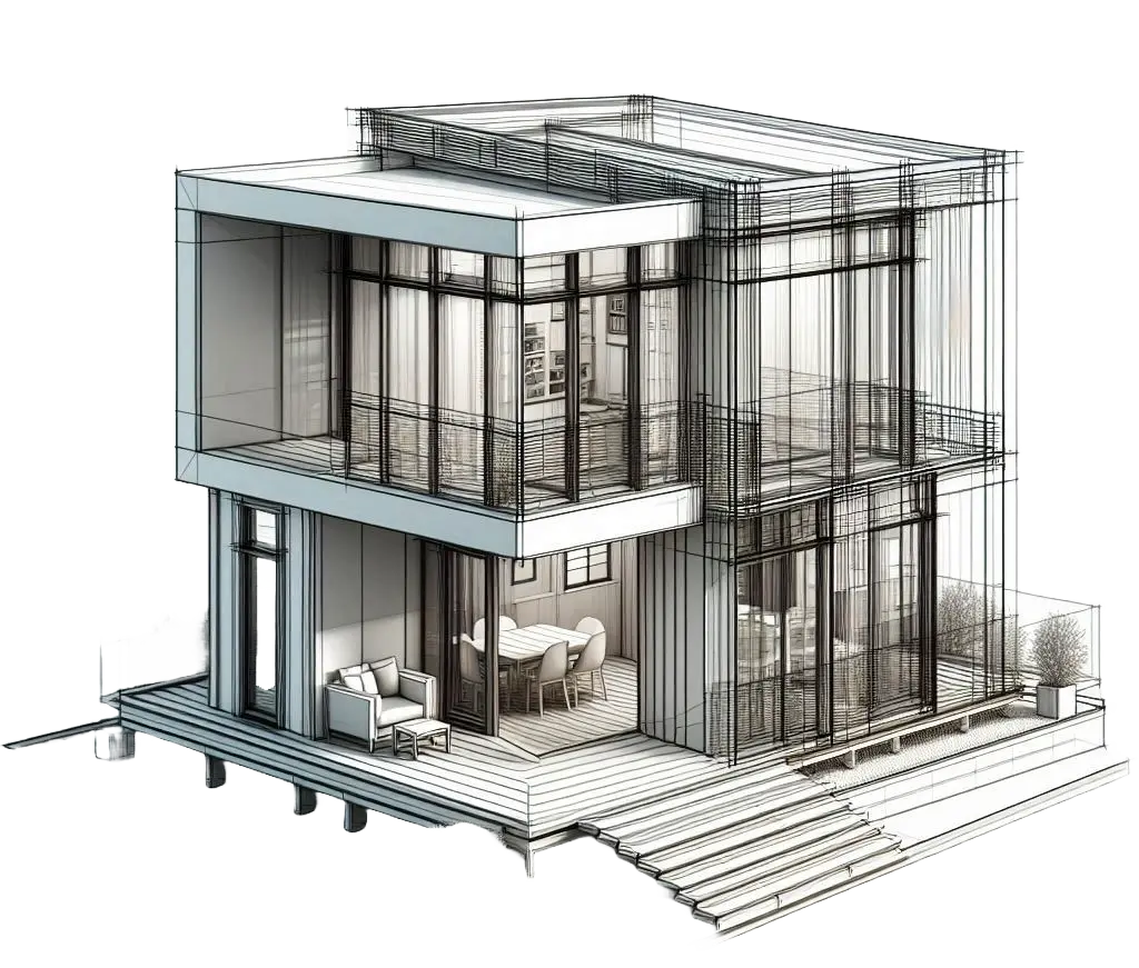 Line art of house - half rendered by architect, half build.