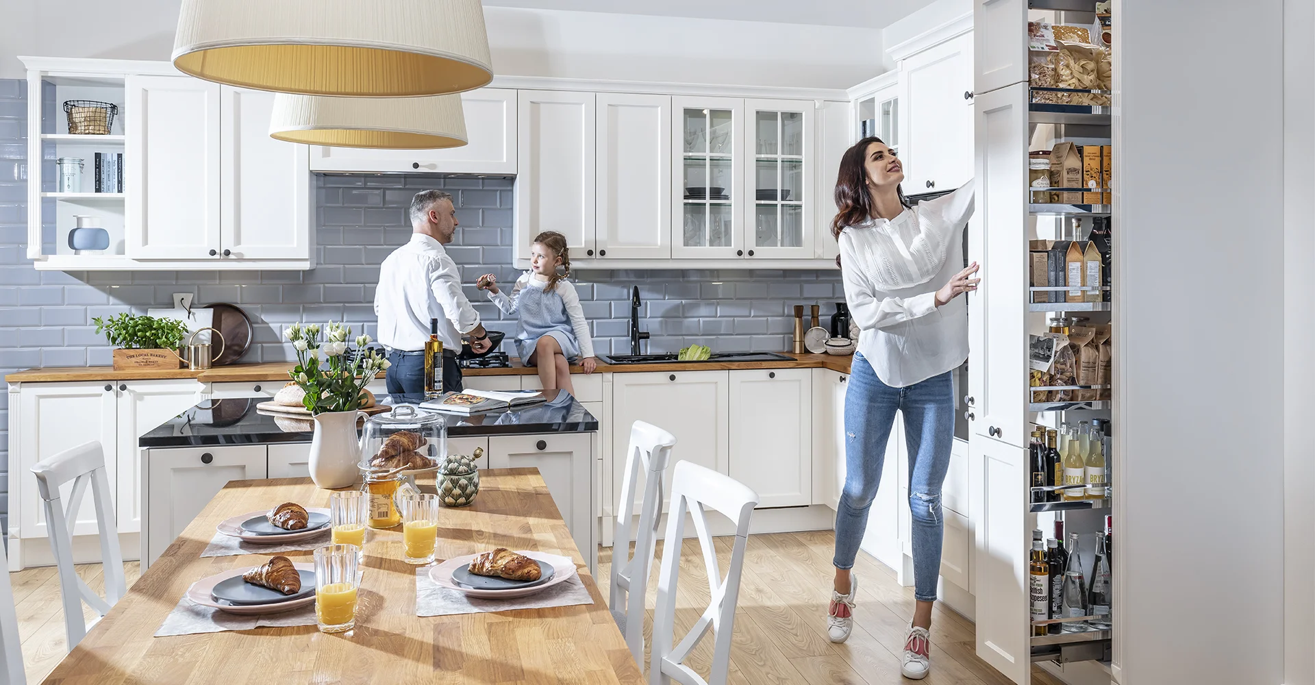 SAS company modular kitchen photo with happy family.